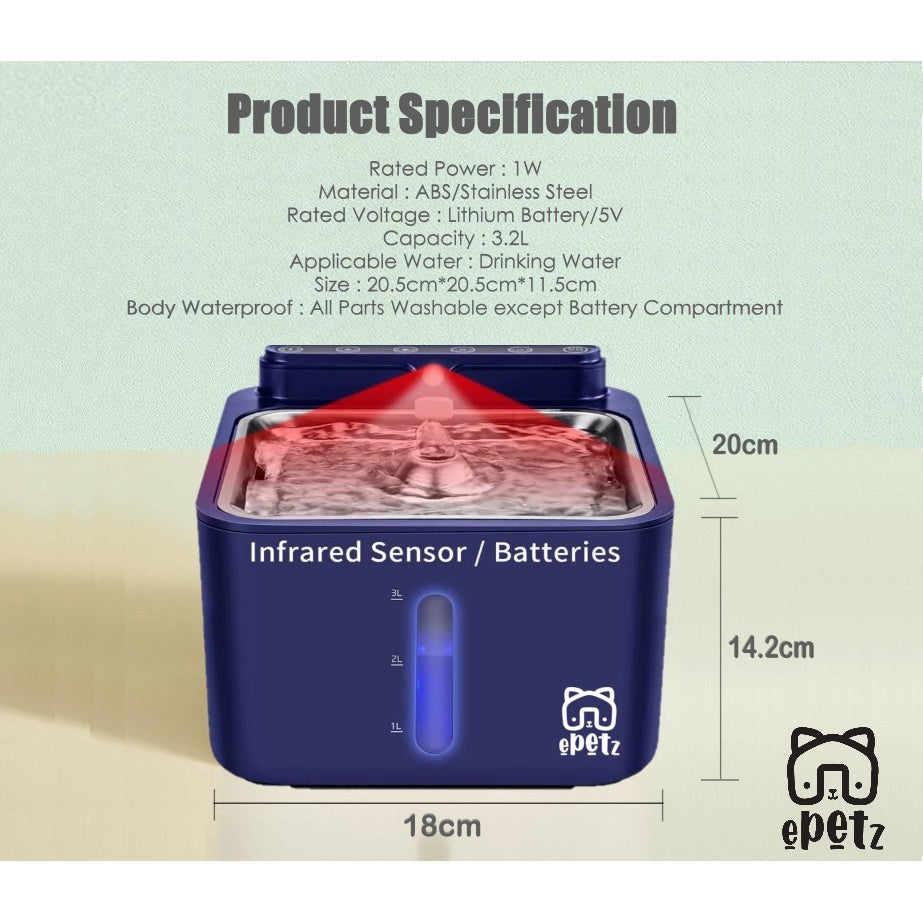 ePetz 3.2L Wireless & Rechargeable Pet Water Fountain