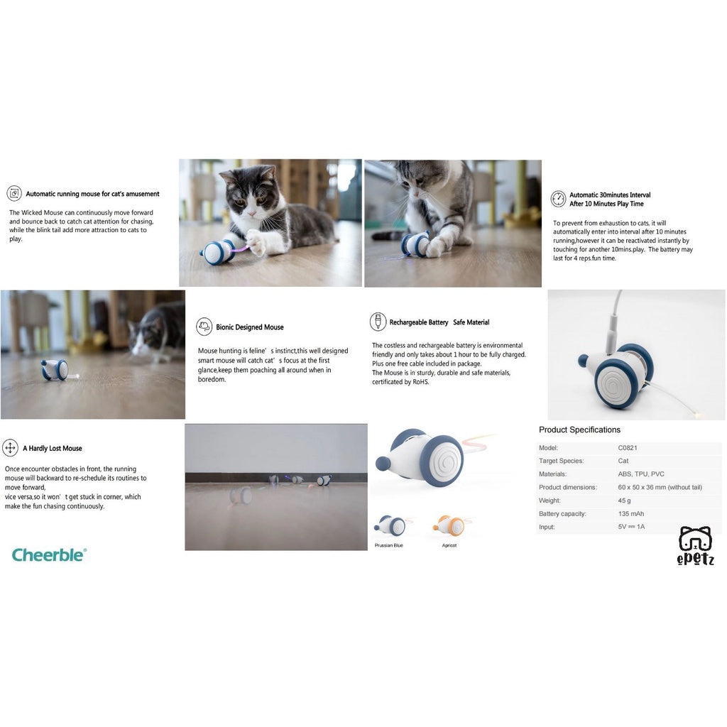 Cheerble USB Charging Mouse Tikus Mainan Kucing Automatik Automatic Cat Toy Interactive Mouse, Rechargeable