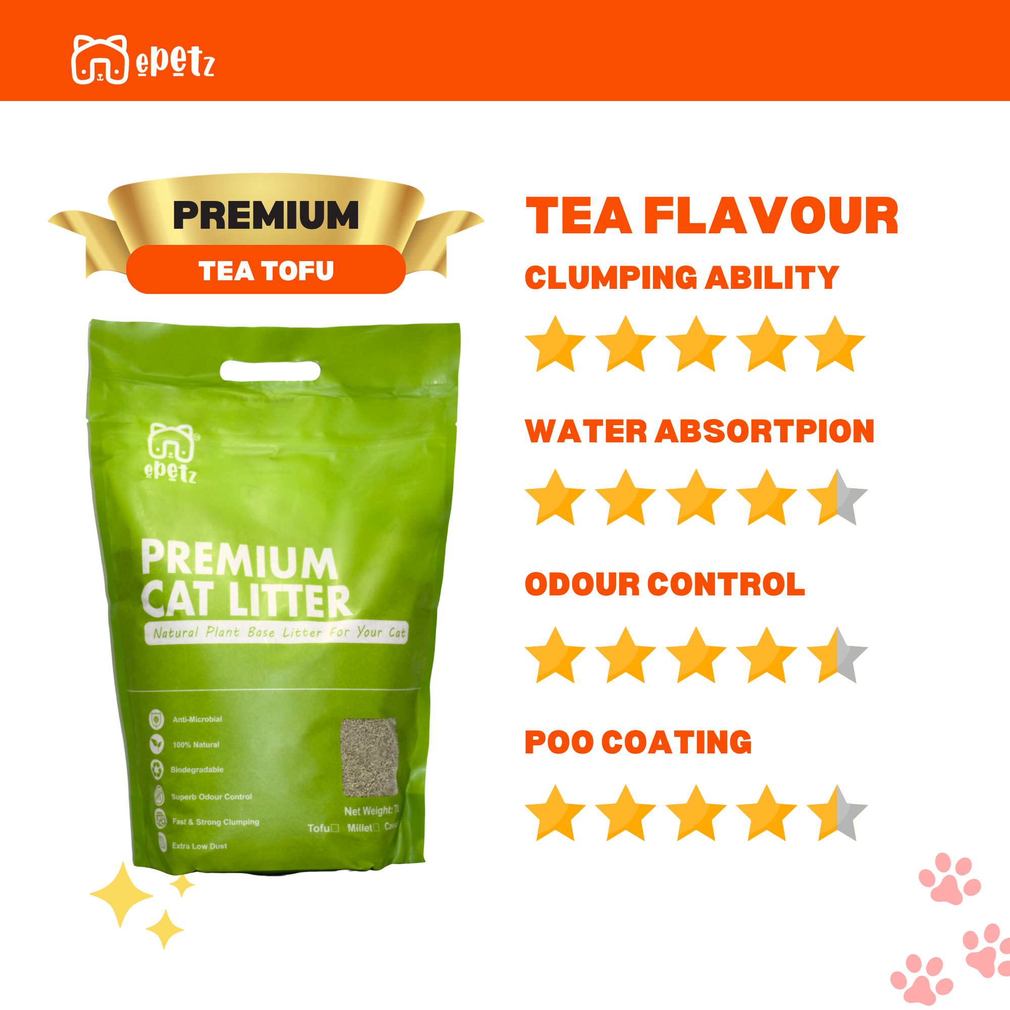 ePetz Tea Flavour Short Cut Tofu Cat Litter - Eco Friendly, Flushable, Super Clumping, Odour Control | Pasir Kucing Tofu