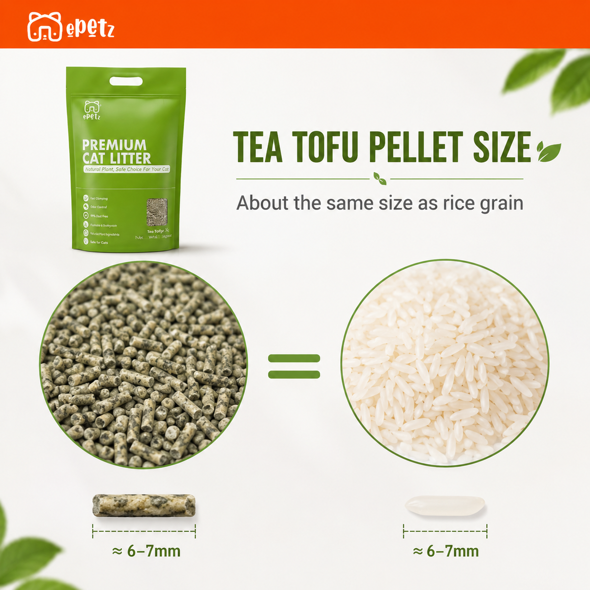 ePetz Tea Flavour Short Cut Tofu Cat Litter - Eco Friendly, Flushable, Super Clumping, Odour Control | Pasir Kucing Tofu