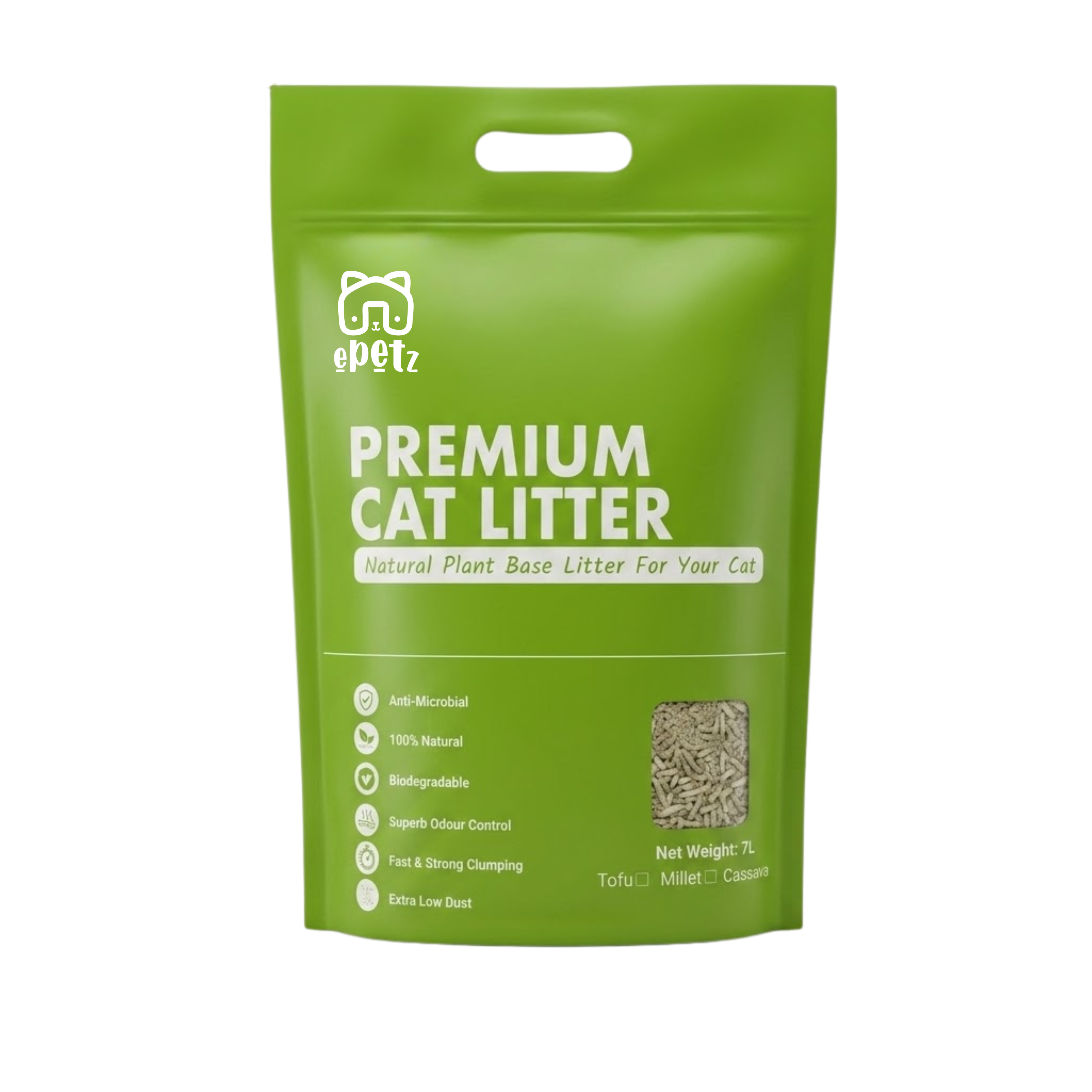 ePetz Tea Flavour Short Cut Tofu Cat Litter - Eco Friendly, Flushable, Super Clumping, Odour Control | Pasir Kucing Tofu