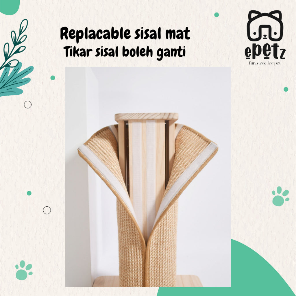 ePetz Solid Wood Sisal Cat Scratcher Replacable Mat Kayu Kuat Teempat Pencakar Kucing Tkar Boleh Ganti