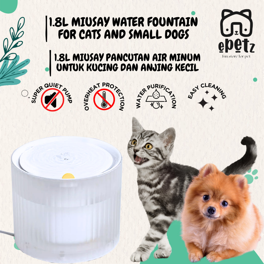 ePetz 1.8L Automatic Water Fountain for Cats and Small Dogs, 1.8L Bekas Minuman Kucing Automatik Kucing dan Anjing