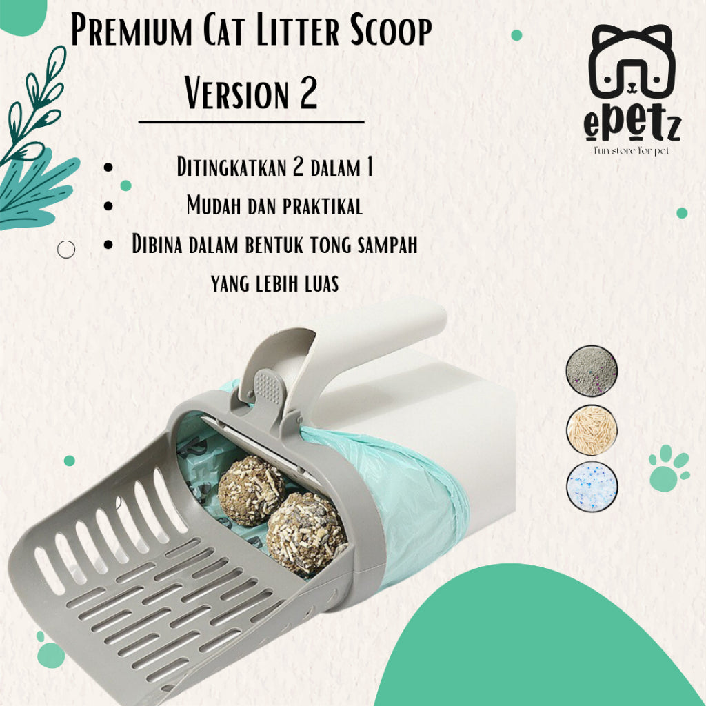Premium Cat Litter Scoop Upgraded 2 in 1 Shovel with Built-In Waste Bin Scope Pasir Kucing